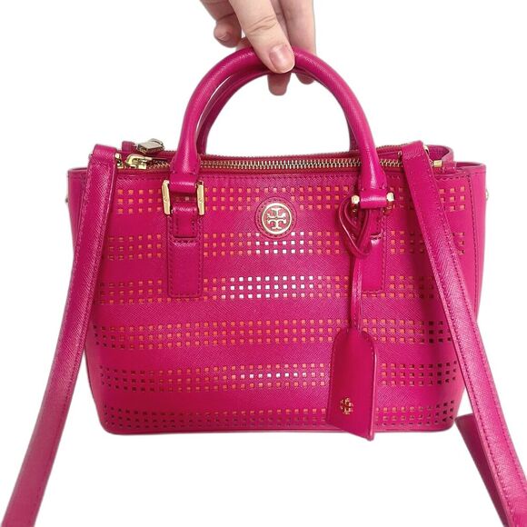 Tory Burch Robinson Fuchsia Double Zip Perforated Handbag Pink Leather Purse - Picture 1 of 14